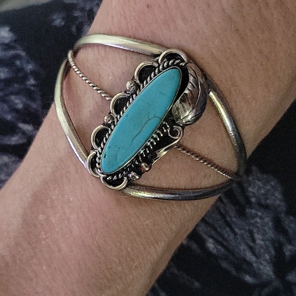 Navajo Sterling and Turquoise Cuff - Picture 1 of 5